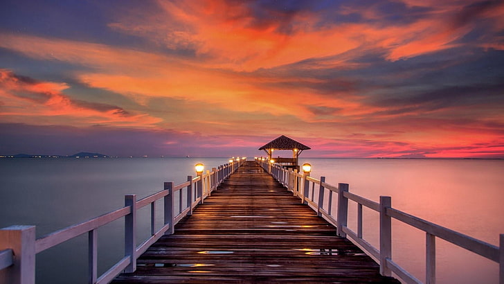 sky, horizon, sea, pier, cloud, sunset, lighting, calm, dusk, HD wallpaper