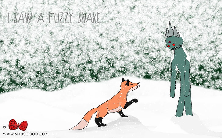i saw a fuzzy snake illustration, snow, winter, cartoon, fox