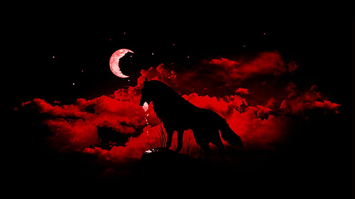 night, Moon, fantasy art, wolf, animals