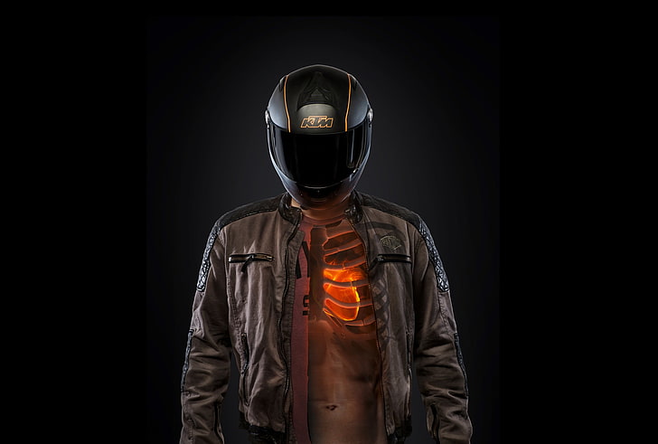 men's brown jacket, heart, helmet, black background, KTM, torso