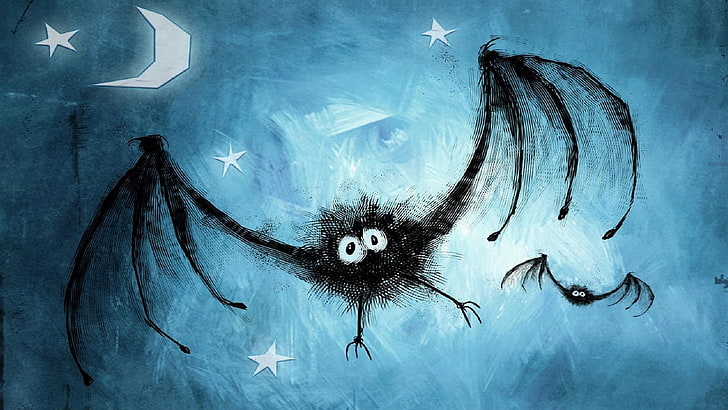 Moon, bats, blue, stars, spooky, miseria, fantasy art, artwork