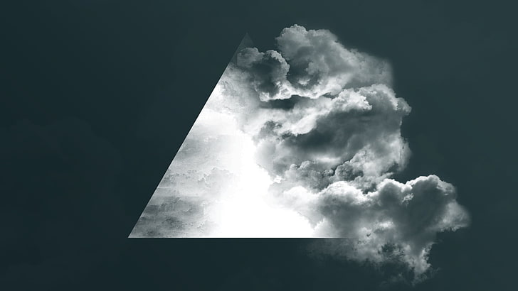 clouds in grayscale photography, triangle, Moon, lights, minimalism