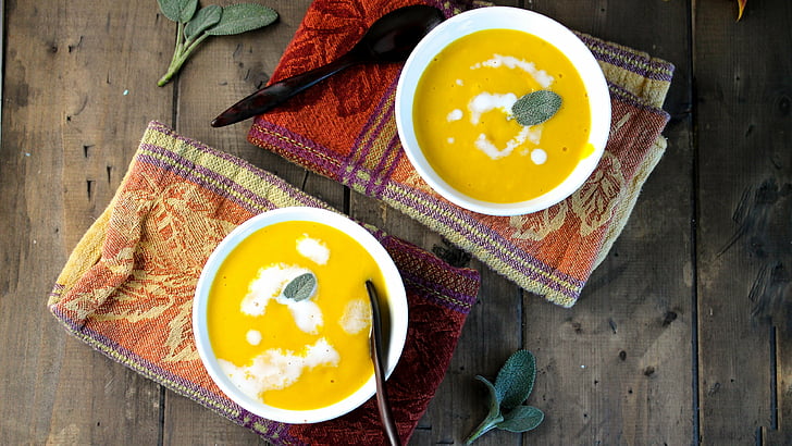 two bowls with filled with soup, puree soup, cream, pumpkin, HD wallpaper