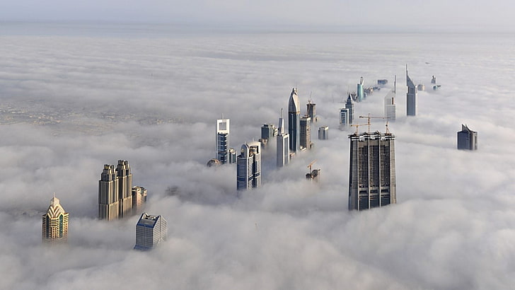 high rise buildings, clouds, Dubai, sky, bird's eye view, aerial view