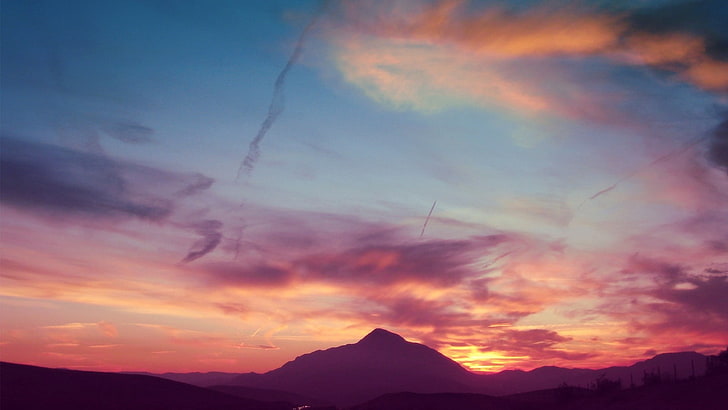 white cloud and blue sky, mountains, nature, sunset, purple sky