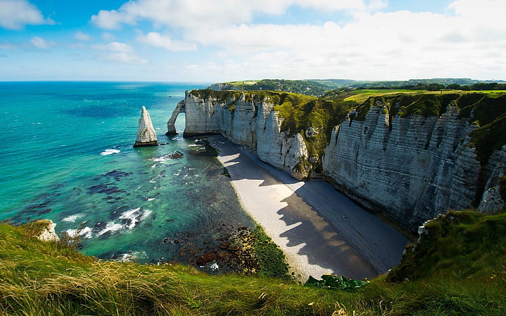 brown cliff, landscape, Étretat, sea, coast, Normandie, France, HD wallpaper