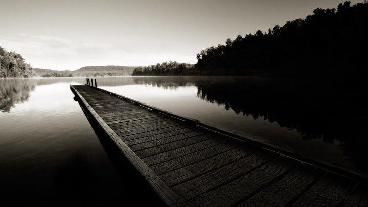 wooden dock bridge, landscape, lake, dark, monochrome, reflection