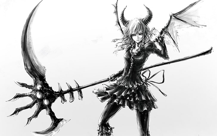 fantasy girl, horns, anime girls, monochrome, Dead Master, Black Rock Shooter