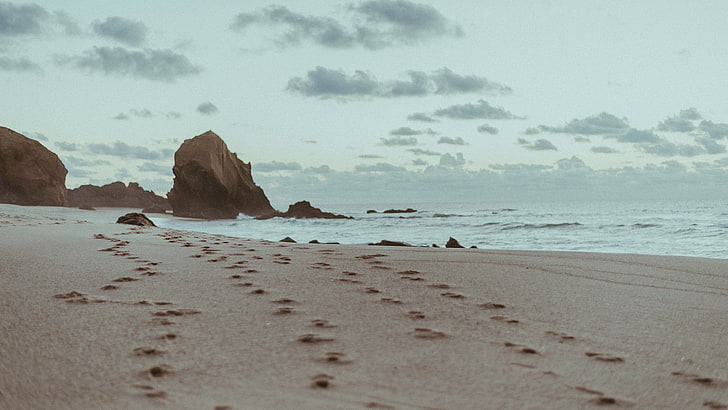 grey sand, beach, footprints, rock, sea, water, land, sky, rock - object