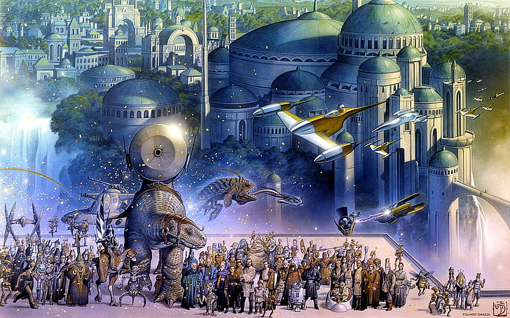 Star Wars painting, city, architecture, building exterior, built structure