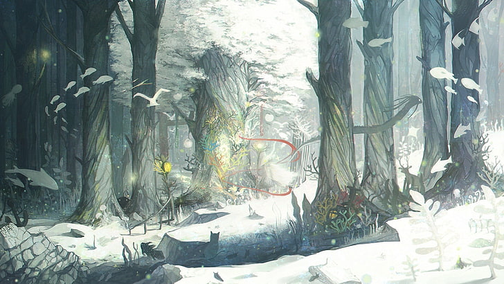 forest illustration, winter, snow, trees, fish, birds, animals