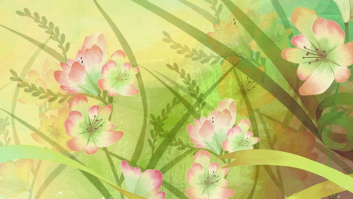 Spring One, firefox persona, layer, floral, summer, green, pink, HD wallpaper