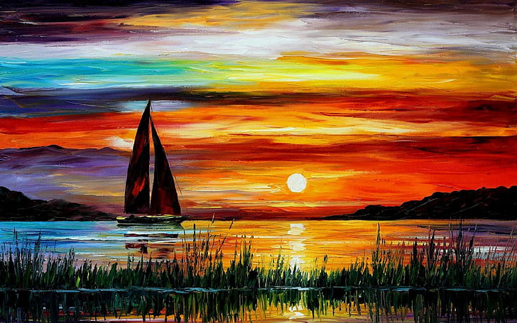 Exquisite painting, sunset sea boat