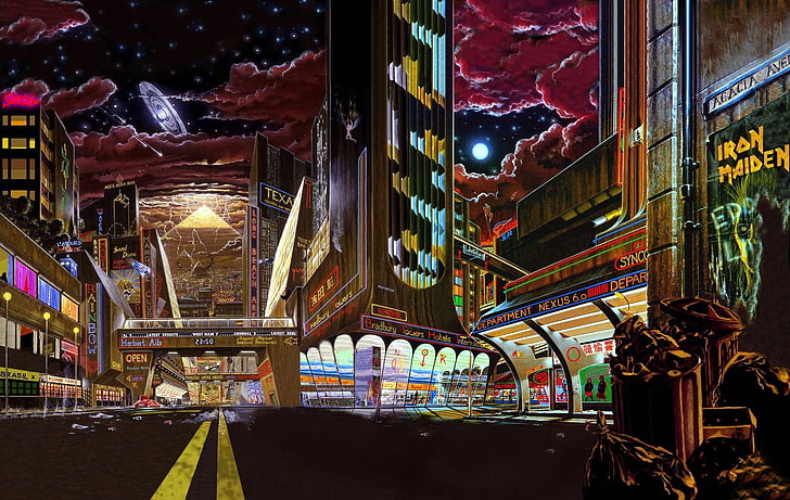 city at night, starry night, futuristic, digital art, science fiction