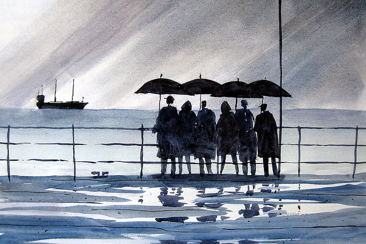 group of people holding umbrella on port watching ship painting
