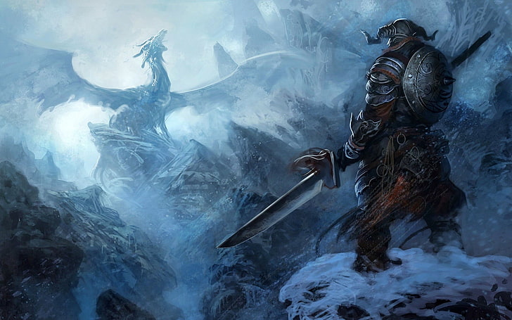 The Elder Scrolls V: Skyrim, fantasy art, dragon, artwork, sword