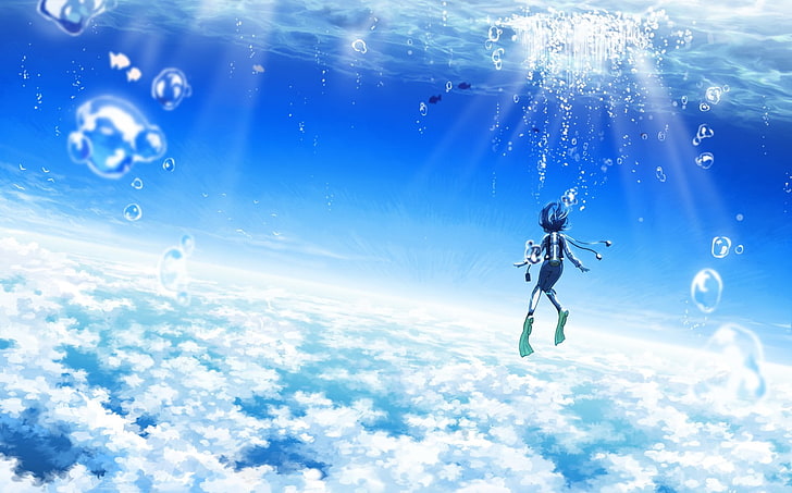 sky, sea, clouds, bubbles, underwater, sun rays, horizon, blue, HD wallpaper