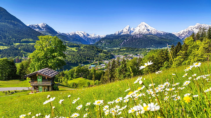 mountain, berchtesgaden, springtime, lodge, alps, sky, cabin, HD wallpaper