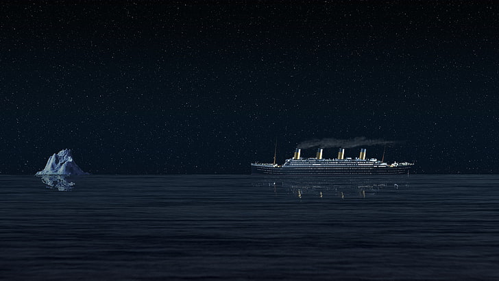Titanic, night, ship, history, sea, starry night, iceberg, water