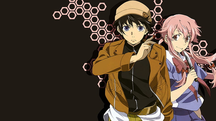 male and female character screenshot, Gasai Yuno, Amano Yukiteru, HD wallpaper