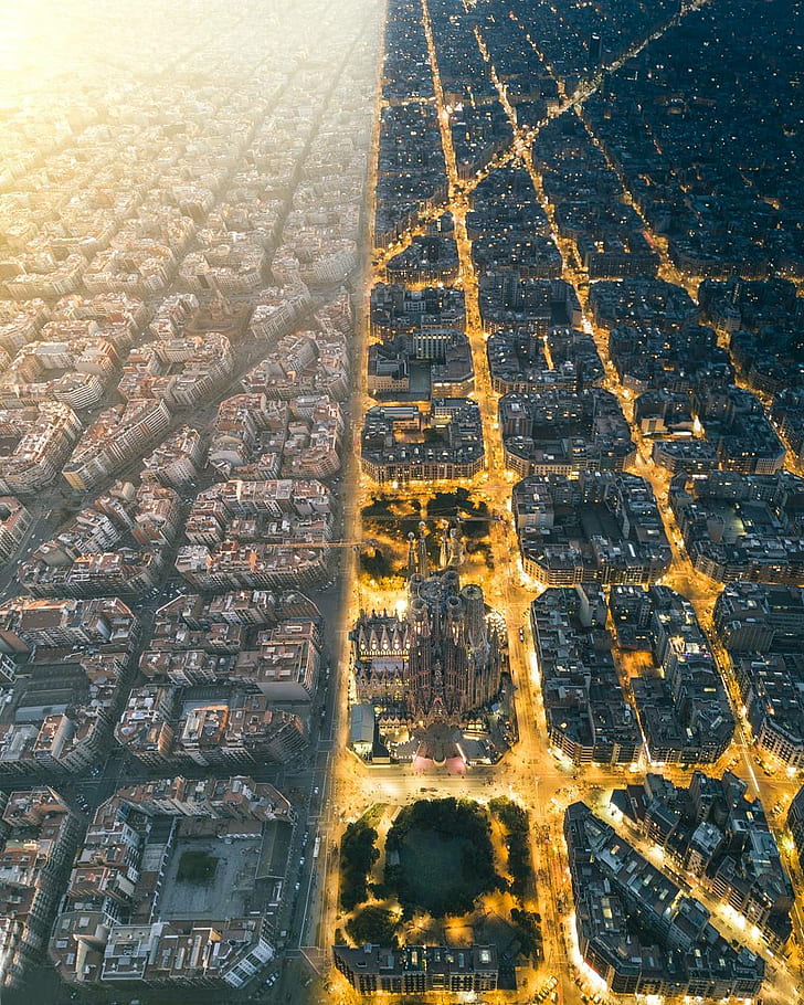 Aerial View, architecture, Barcelona, building, Cityscape, night, HD wallpaper
