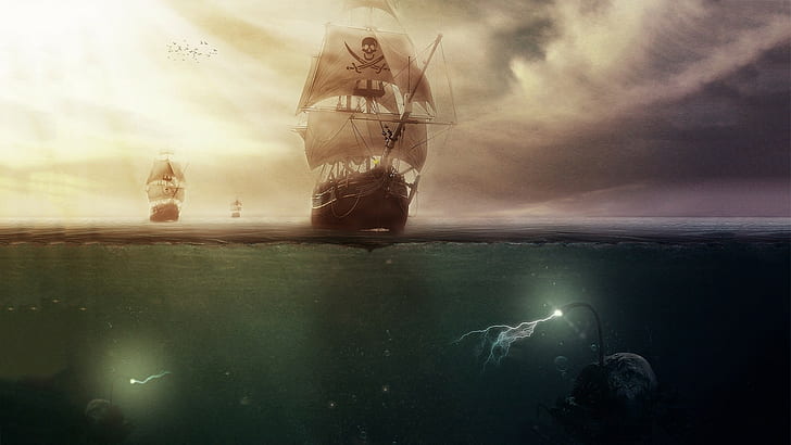 pirates artwork sailing ship sea clouds anglerfish lightning underwater bubbles fantasy art sun rays sea monsters horizon skull