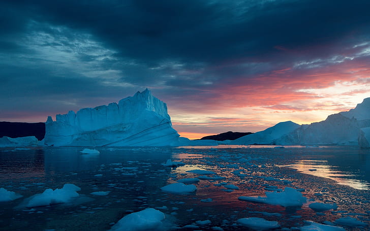 Greenland, snow, ice, sunset, sea, HD wallpaper