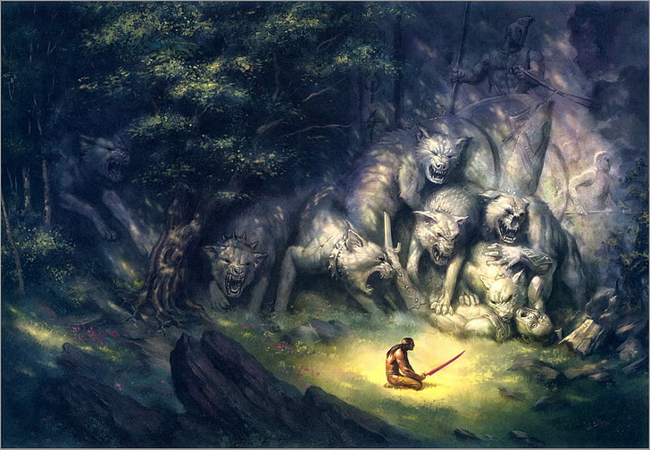 artwork, warrior, wolf, forest, fantasy art, nature, tree, people