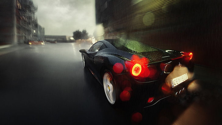black coupe, Ferrari, Ferrari 458, car, rain, vehicle, urban, HD wallpaper