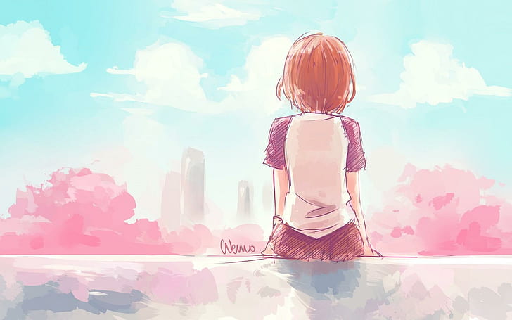My life, girl anime character sitting painting, trees, nice, brown-hair, HD wallpaper