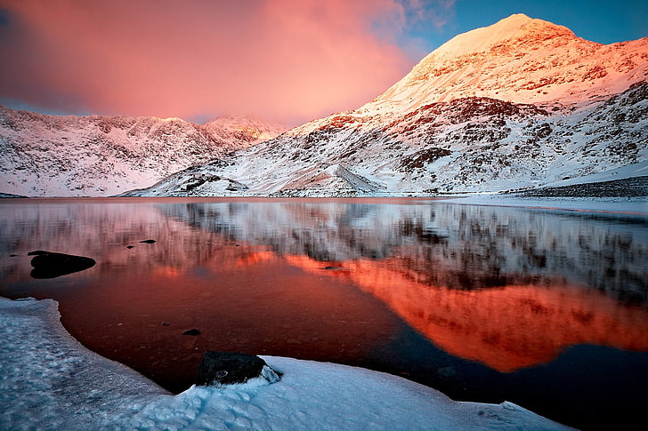 ice covered mountain, lake, landscape, sunlight, reflection, snowy peak, HD wallpaper