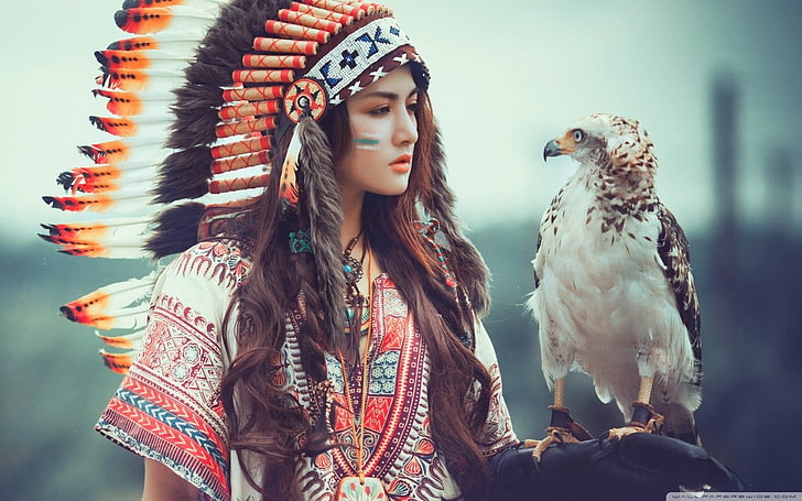 white and brown eagle, women, women outdoors, birds, young women, HD wallpaper