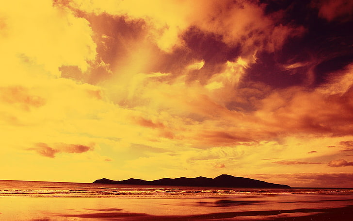 silhouette of island during golden hour, nature, filter, beach, HD wallpaper