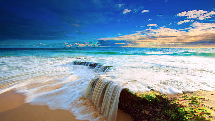 HD wallpaper: sea, waterfall, landscape, sunset, photography, beach wave |  Wallpaper Flare