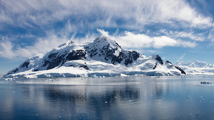 sky, ocean, mountain, arctic ocean, cloud, ice, sea ice, glacial landform, HD wallpaper