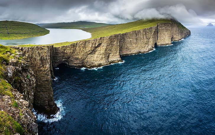 rock, lake, the ocean, Faroe Islands, Vagar, Leitisvatn, HD wallpaper