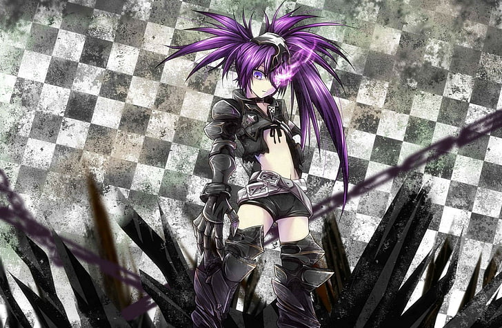 armor, black, chain, desukingu, eyes, hair, insane, purple, HD wallpaper