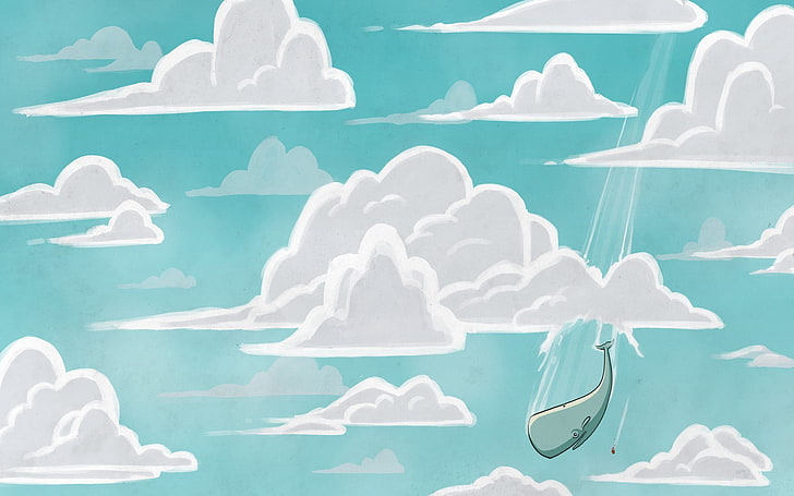 cartoon whale illustration, digital art, nature, flying, clouds HD wallpaper