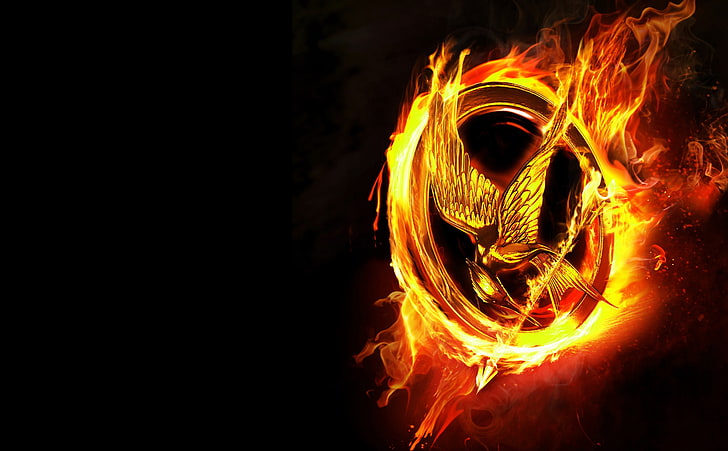 2012 The Hunger Games, yellow Hunger Games Mocking Jay logo, Movies, HD wallpaper