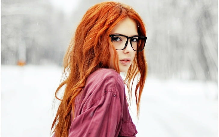redhead, glasses, women, curly hair, face, women with glasses, HD wallpaper