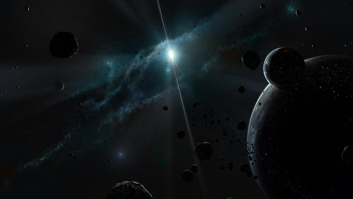 space, planet, Moon, stars, comet, asteroid, clouds, space art, HD wallpaper