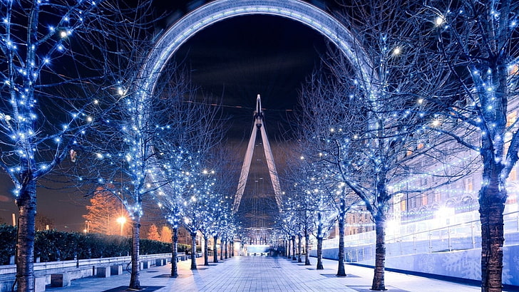 Christmas Lights, London, London Eye, path, Trees, architecture