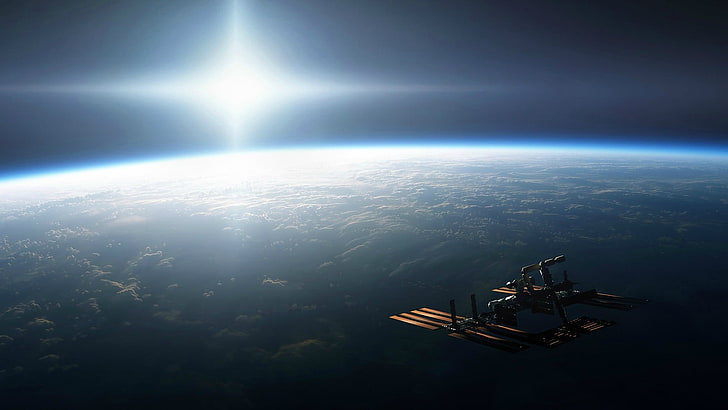 space station, space art, digital art, Earth, ISS, aerial view