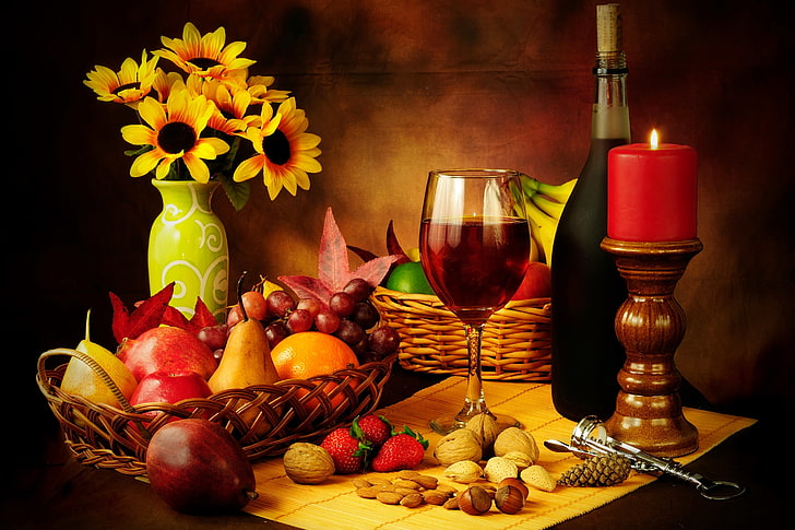 sunflower painting, wine, red, basket, apples, glass, bottle
