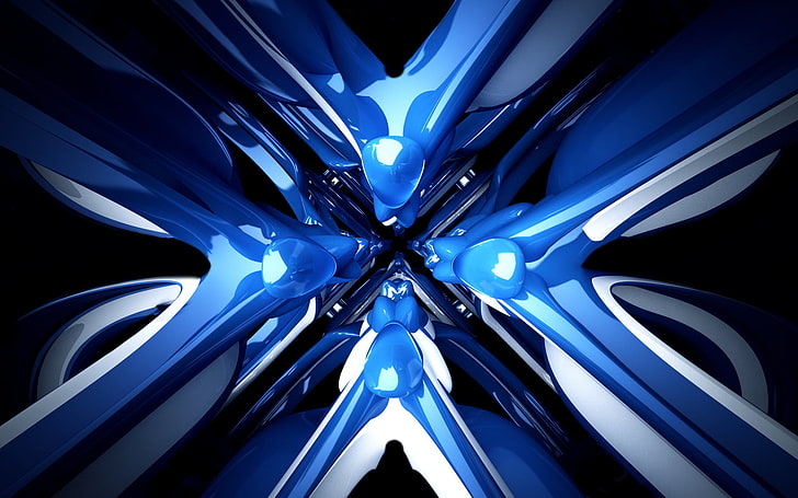 blue and white abstract art, digital art, illuminated, low angle view