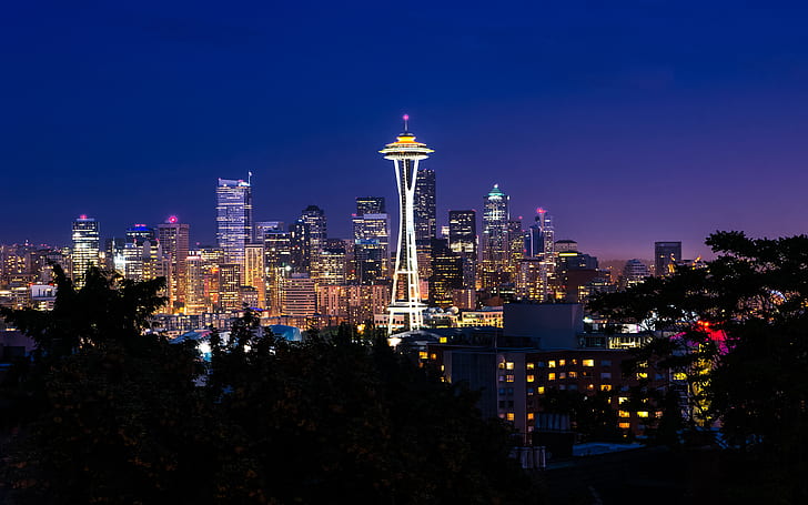 Nightscape, Tower, Seattle, Space Needle, Washington