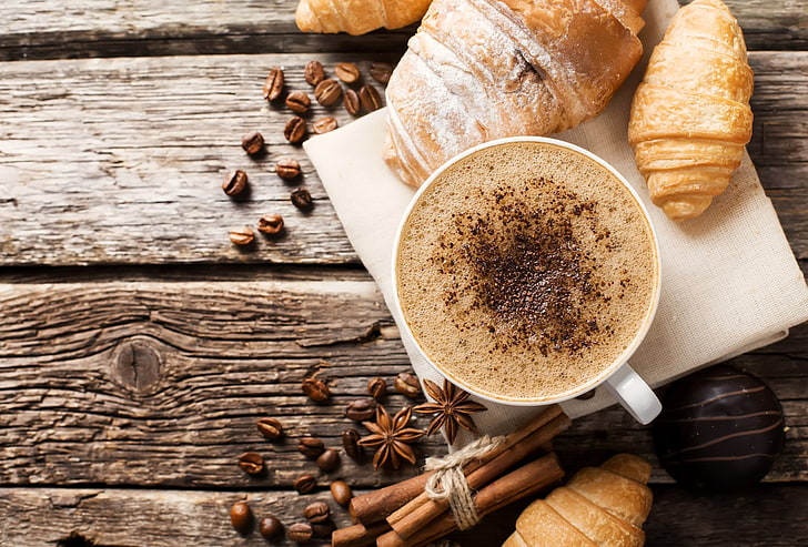 Food, Breakfast, Cinnamon, Coffee, Coffee Beans, Croissant, HD wallpaper