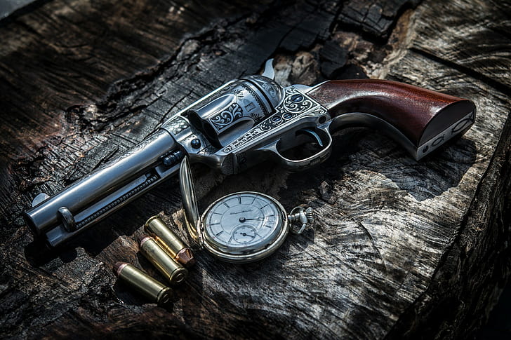 silver and brown revolver, weapon, clocks, still life, wood - material