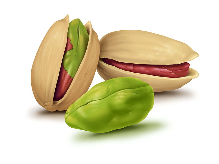 two brown nuts, pistachios, graphics, white background, food