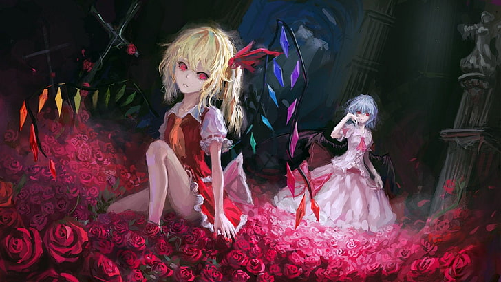 anime, Touhou, Remilia Scarlet, Flandre Scarlet, roses, blonde, HD wallpaper